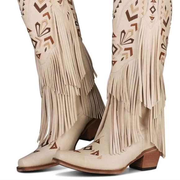 NEW RETRO FRINGE TASSEL WOMENS WESTERN BOOTS MID-CALF EMBROIDERY PLATFORM BOOTS - Picture 7 of 8